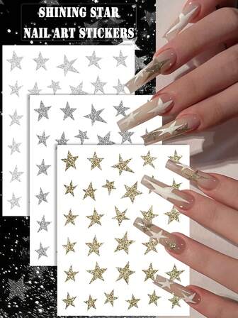 3/6 ark glitterstjärna nagelkonst klistermärken, silver- och guldfärgade glittrande stjärnor nageldekaler för kvinnor, lysande stjärnor manikyrklistermärken för DIY julfest nageldekorationer
