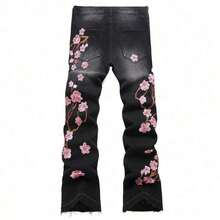 Purple 2025 New Arrival Mens Flared Jeans Street Fashion Heavy Embroidery Plum Blossom Non Stretch Y2k  Hot  In Stock - 黑色 - 查看 3