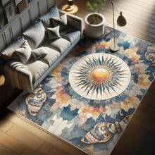 Retro Mid Century Abstract Pattern Rug On Ivory Background, Dark Orange And Reseda Green, 4' X 5' 5", Ideal For Bedroom, Dorm And Living Room - Biru Abu-abu Aprikot Beige - View 1