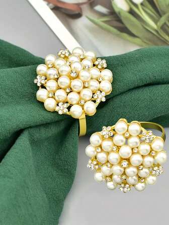 3pcs Pearl & Rhinestone Napkin Rings, Metal Pearl Studded Flower Napkin Holders, Suitable For Wedding, Birthday Party, Christmas Party, Dining Table Decor