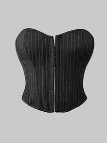 Apperloth A Top de corset overbust sexy, top court rayé pour femmes. Laçage devant crochet, dos nu, amincissant avec baleines pour le maintien de la taille. Shapewear pour femmes, à porter au quotidien, pour les sorties, les festivals de musique rave, les soirées Y2K - Noir - Voir 5