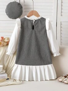Young Girl' Fashionable Cute Floral Dress + Adorable Hat Set - Grey - View 2