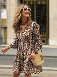 Vestido casual con estampado de leopardo, mangas farol y cuello en V - Marrón - Ver 3