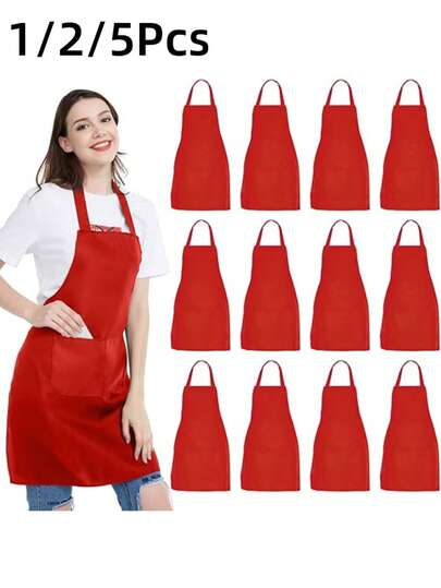 1/2/5件套女士涤纶围裙套装，简约风格红色带口袋围裙，加厚腰围裙，时尚家务厨房居家工作服，厨房用品