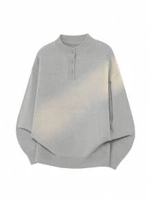 1pc Men's Grey Henley Neck Button Long Sleeve Knit Sweater, New Autumn/Winter Pullover Sweater, Minimalist Casual Style, Suitable For Daily Commute And Work - Grey - View 3