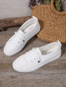 Women's White Classic Versatile Round Toe Slip-On Casual Lace-Up Soft Comfortable Flat Outdoor Sports Casual Sneakers, Simple Shoe Upper, Smooth Lines, Overall Clean And Neat. Suitable For Spring, Summer, Autumn, Daily Outings, Campus, Holidays, Street Fashion Matching