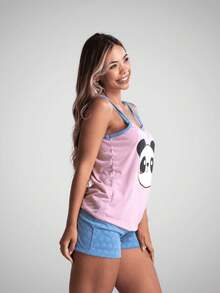 Women's Silk Print Short Doll Pajamas With Comfortable Straps - Lilac Purple - View 3