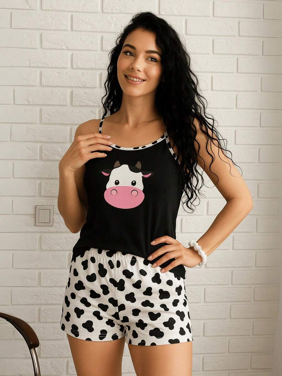 Women's Silk Print Short Doll Pajamas With Comfortable Straps - 黑色 - 查看 1