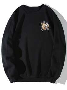 男士朋克熊图案印花圆领套头卫衣，街头时尚，春秋季 - 黑色 - 查看 5