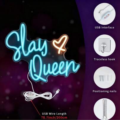 1 pieza Letrero de neón "Slay Queen", Letrero de neón LED para decoración de pared, luz de neón con alimentación USB, decoración de dormitorio con estética de chica preppy, decoración de fiesta, regalo de cumpleaños, regulable