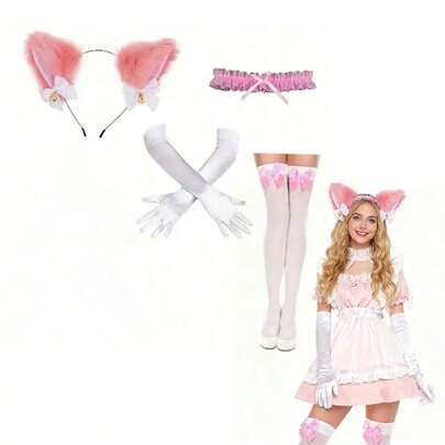 4PCS-PESENAR Lady Cat Clothing Set, Including Fluffy Cat Ears, Gloves And Socks - Fluffy Tail And Paws - Soft Cosplay Attire, Theme Parties, Casual Wear - Complete Series Of Cat Character Costumes