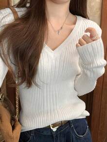 女士 V 领修身罗纹针织毛衣，百搭长袖休闲上衣 - 白色 - 查看 8