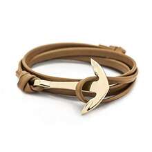 Anchor Bracelet Nautical Handmade Black Gold Plated Vegan Leather Motivational Sailor Stainless Steel Dorsal Wrist Wrap for Men and Women - café dorado - Ver 4