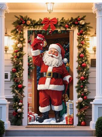 Christmas Holiday Door Banner - Durable Polyester Santa Claus With Christmas Tree & Gifts Pattern - Suitable For Winter Celebrations, Home Mural, Outdoor Decor, General Fit For Front Porch Accessory - 89.92x179.83 Cm - 1 Piece