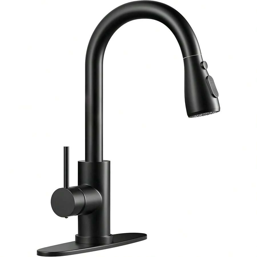 Matte Black/Chromium Plating/Brushed Nickel/Brushed GoldKitchen Faucet With Pull Down Sprayer,Stainless Steel Single Handle Kitchen Faucet,Multiple Modes Switch Water, 8'' Deck Plate Included,Suitable For Farmhouse Laundry Rv Bar - 霧面黑 - 查看 1