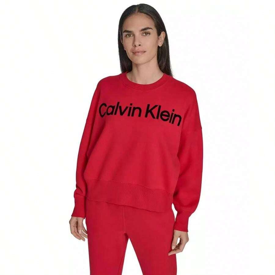Calvin Klein Women's Performance Flocked Logo Pull-On Sweatshirt | - 紅色 - 查看 1