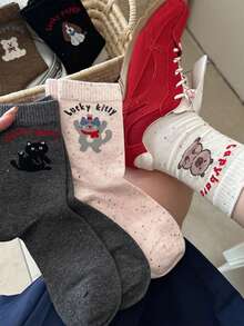5 Pairs Women's Cartoon Letter Pattern Cute & Sweet Japanese School Style Comfortable Breathable Mid-Calf Socks - Multicolor - View 3