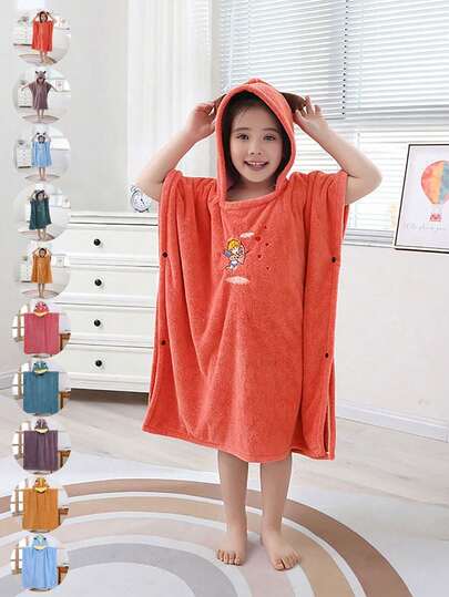 1 Pc Cartoon Patten Hooded Embroidery Surf Poncho Kids Changing Towel, Bathrobe, Bath Wrap, Warm Quick Dry Pool Swim Beach Towel With Hood Warm And Soft Microfiber Robe Towel Multiple Colors Available Easter Gifts, Halloween's Day, Christmas Gifts, Bathroom Decor, Bathroom Accessories,Autumn Winter Towel
