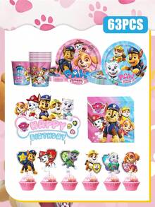 Paw Patrol Paw Patrol Party Zubehör Einweg-Dekorations-Geschirr Set, Paw Patrol Geschirr, Pappteller, Pappbecher, Servietten, Fahnen zum Aufstellen, Party Event Foto Dekorations-Zubehör, Geburtstags-Party und Feiertags-Party Einweg-Geschirr, geeignet für Familientreffen, Familienreunionen, Gender Reveal Party Events, Halloween, Erntedankfest, Valentinstag, Weihnachten, Schulanfang, Muttertag