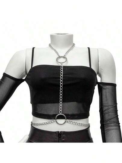 Body Chain Feminino Duas Argolas Corrente Prateada Ajustável Gótica