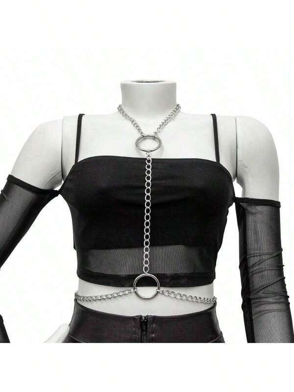 Body Chain Feminino Duas Argolas Corrente Prateada Ajustável Gótica