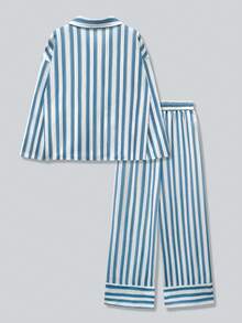 New Fashionable Elegant Casual Bohemian Striped Knotted Pocket Shirt Set, Suitable For Beach, Resort, Street, Airport Outfit Spring - Blue and White - View 5