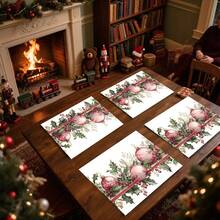 1pc/4pcs/6pcs/100pcs Christmas Holly Berry And Ball Pattern Printed Placemats, Heat-Insulating Placemats, Suitable For Home Decoration, Holiday Dining, Kitchen And Party Decoration, Party Placemats, Can Be Given As Gifts - Multicolor - View 2