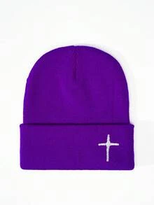 1 Stück Kreuz bestickter gestrickter Beanie, Y2K Stil Outdoor warmer Lässig vielseitiger Winterhut, geeignet für den täglichen Gebrauch
