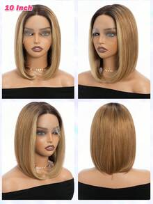 QVR QUEEN VIRGIN REMY QVR渐变棕色波波头蕾丝前假发，真人发丝，带金色条纹，透明蕾丝前假发，4x4封闭式波波头假发 - S4/27/613 - 查看 5