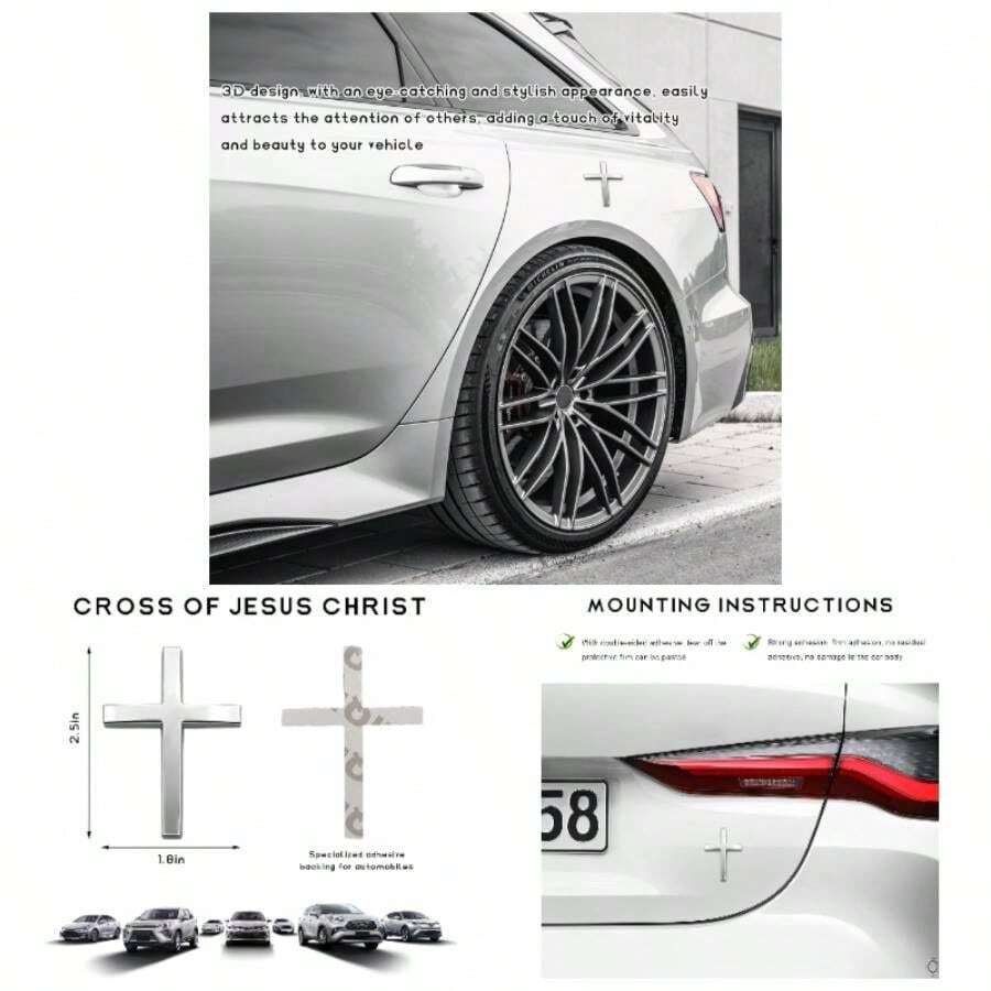 2 PCS Metal Christian Emblem Stickers, 2.5*1.8 Alloy 3D Car Sticker Badge, Self - Adhesive Emblem Decal Decoration Auto Trunk Tailgate Fenders, Car Exterior Decal Silver - 銀色 - 查看 1