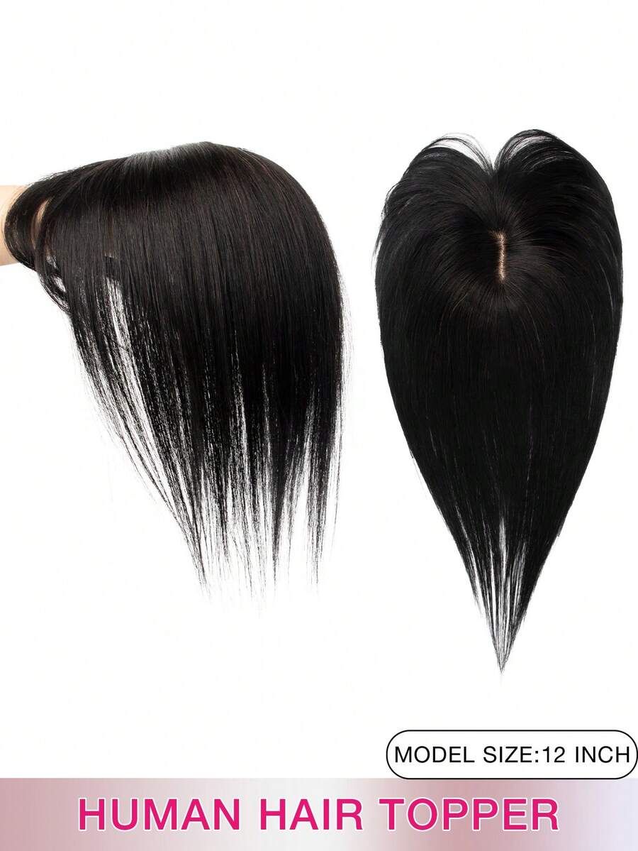 8*12 Women's Straight Jet Black Hair Topper Natural Hair Clip - In Hairpiece Basic Style Hair Enhancement For All Brown Real Hair Bangs For Face Shape Modification - S1 - Xem 1