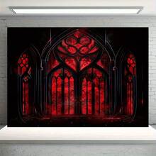 2D Flat  Gothic Black & R1d Vintage Stained Glass Window Design 2D Flat Banner - Large Wall Hanging For Halloween Party  Decor  Home & Living Room  Polyester  No Electricity Needed  Gothic Home Decor  Halloween Decorations  Gothic Style   Durable Fabric  Gothic R1d Black Backdrop/Panelling  Halloween Decoration Garage Door/Photo Backdrop  Cathedral  Banner/R1d Window Gothic  Halloween Banner  Wall Tapestry  Birthday Decor - 彩色 - 查看 5