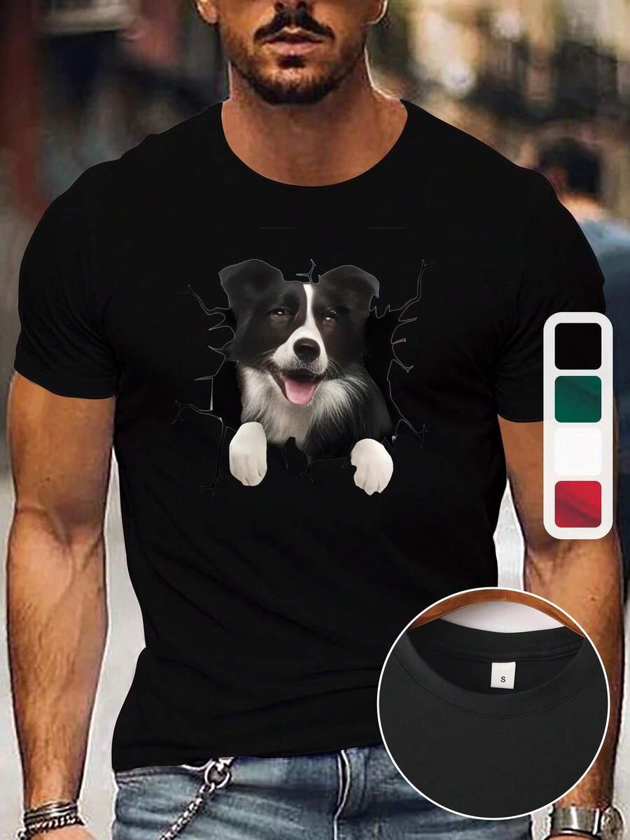 [Casual Soft Stretch Round Neck Tee] Men's Casual Cute Pet Print T-Shirt - Soft Stretch Fabric, Round Neck, Short Sleeve - Perfect For Summer Outings - Black - View 1