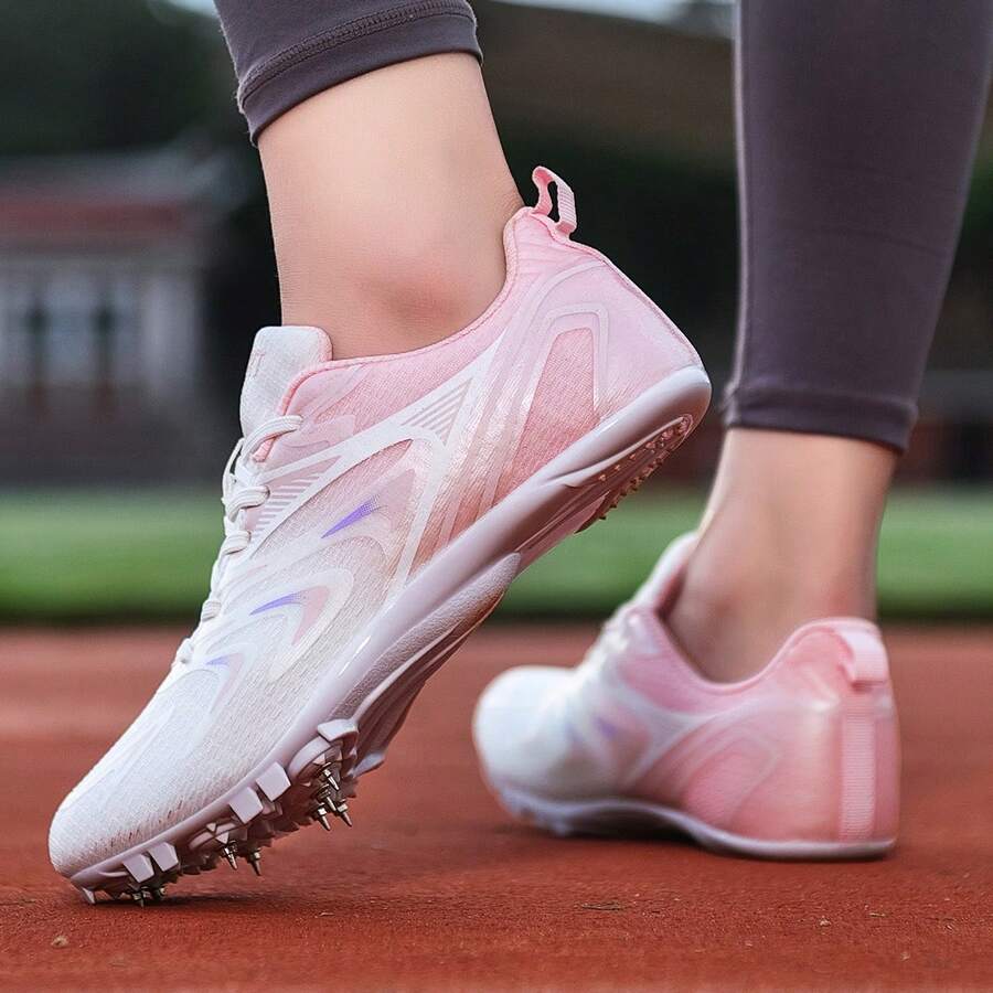 Zapatillas de carreras con degradado rosa & blanco, zapatos transpirables para pista y campo para adolescentes, 8 clavos desmontables, suela exterior de TPU resistente al desgaste, saltos cortos & largos, prueba física estudiantil, tallas 36-42