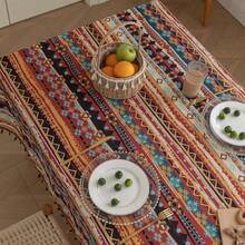 Boho Tablecloth For Square Tables,Fringed Edges With Geometric Pattern Tablecloths,Farmhouse Floral Table Cover Cloth Drative For Kitchen Dining Room,59"X 70",24897015 - 紅色 - 查看 5