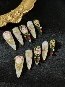 10 piezas de uñas postizas hechas a mano para Navidad, uñas postizas navideñas, uñas de forma cuadrada, con gemas brillantes y perlas, que incluyen adhesivo de gelatina y una lima de uñas