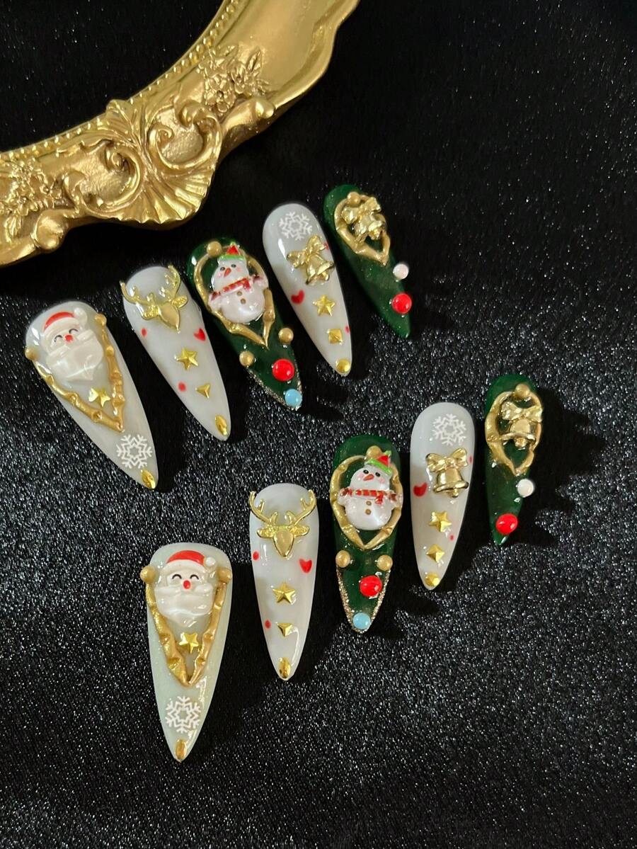 10 piezas de uñas postizas hechas a mano para Navidad, uñas postizas navideñas, uñas de forma cuadrada, con gemas brillantes y perlas, que incluyen adhesivo de gelatina y una lima de uñas