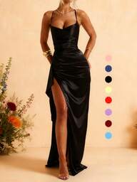 WOWDARK Damska sukienka zimowa, czarna elegancka satynowa sukienka na ramiączkach z marszczeniami i rozcięciem z boku, idealna na Walentynki, randki, spotkania, imprezy, podróże, wakacje, plażę i inne okazje