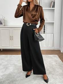 ملابس علوية ملابس علوية أكمام طويلة بتصميم متقاطع من القماش الأطلسي ذو لون واحد، مناسب للاستخدام اليومي، ليلة المواعدة، العطلات، حفلات عيد الميلاد، حفلات العودة إلى المدرسة، حفلات العزاب، السفر، الربيع/الخريف - قهوة بني - مشاهدة 7