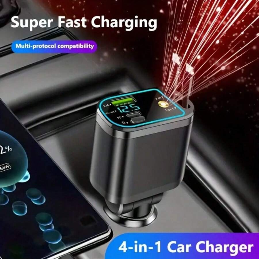 4-In-1 Retractable Car Phone Charger With Fast Charging And LED Starry Sky Projector Retractable Cable Phone Charger With Two USB Ports For Charging Four Devices Simultaneously Universal Car Accessory - Multicolor - View 1