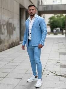 Men's Set Blazer Pants Slim Suit Formal Fashion - 淺藍色 - 查看 7
