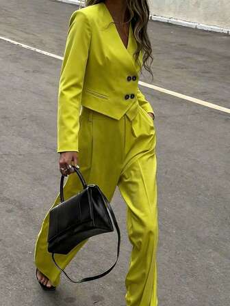 女士Old Money冬季优雅休闲西装背心和裤子套装，日常穿着，工作，黄色西装，教师工作服