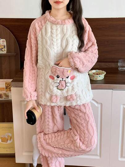 2pcs Women Coral Fleece Long Sleeve Pants Fluffy Pajama Set, Thick Warm Cute Hamster & Carrot Pocket Design, Casual Sleepwear For Winter, Fall Clothes