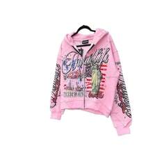 Hip-Hop Y2K Streetwear American Retro Letter Hooded Cardigan Printed Loose Sports Harajuku Style Sweatshirt - 粉紅色 - 查看 6