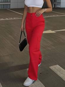 Pantalón Tipo Carga para Dama Confeccionado en Gabardina con Bolsillos Laterales y Botón al Frente. Casual. - Rojo - Ver 3