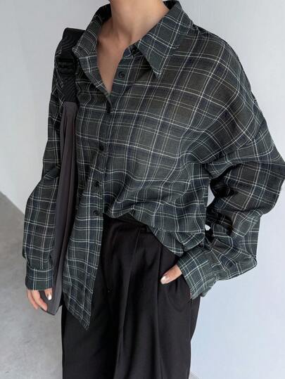 FRIFUL Women's Drop Shoulder Long Sleeve Loose Plaid Casual Blouse, Spring & Autumn,Flannels Women