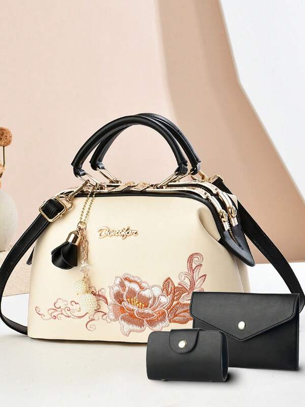3pcs/Set Women Personalized Embroidered Shoulder Bag, Crossbody Bag, Handbag Suit, Versatile For Shopping & Outings