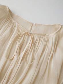 Women's Ruffle Mini Dress Long Lantern Sleeve Tie-Up Front Solid Color Pleated Dress Short Flowy Dress - Apricot - View 6