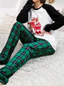 Conjunto de pijama de mujer con estampado de letras, manga larga holgada y pantalones, ropa de otoño Regalos de Navidad, adornos navideños, ropa navideña, conjuntos navideños - Negro - Ver 4