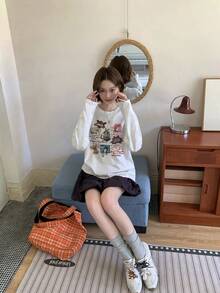 Autumn New Women Petite Casual Round Neck Cute Sweet Print Pattern Girl One-Piece Long Sleeve T-Shirt Top - Light Gray - View 2